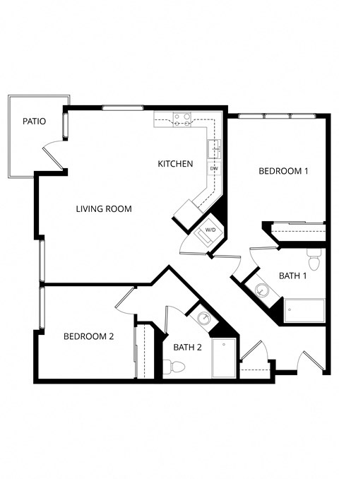 Floor plan for 2 beds, 2 baths, 1030 sqft